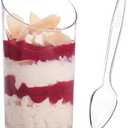 Qeirudu 50 Pack Mini Slanted Dessert Cups with Spoons - 2.2 oz Plastic Parfait Cups Reusable Shooter Glasses Small Serving Cups for Tasting Party Desserts Appetizer