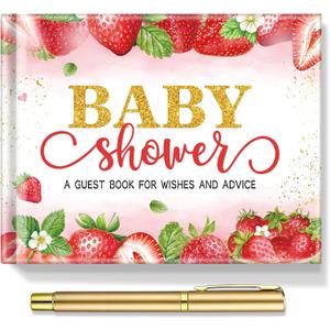Strawberry Baby Shower Guest Book Baby Shower Sign in Guest Book Reception with Sonogram Page Keepsake Includes Gold Pen Table Card and Adhesive Photo Corner for Birthday