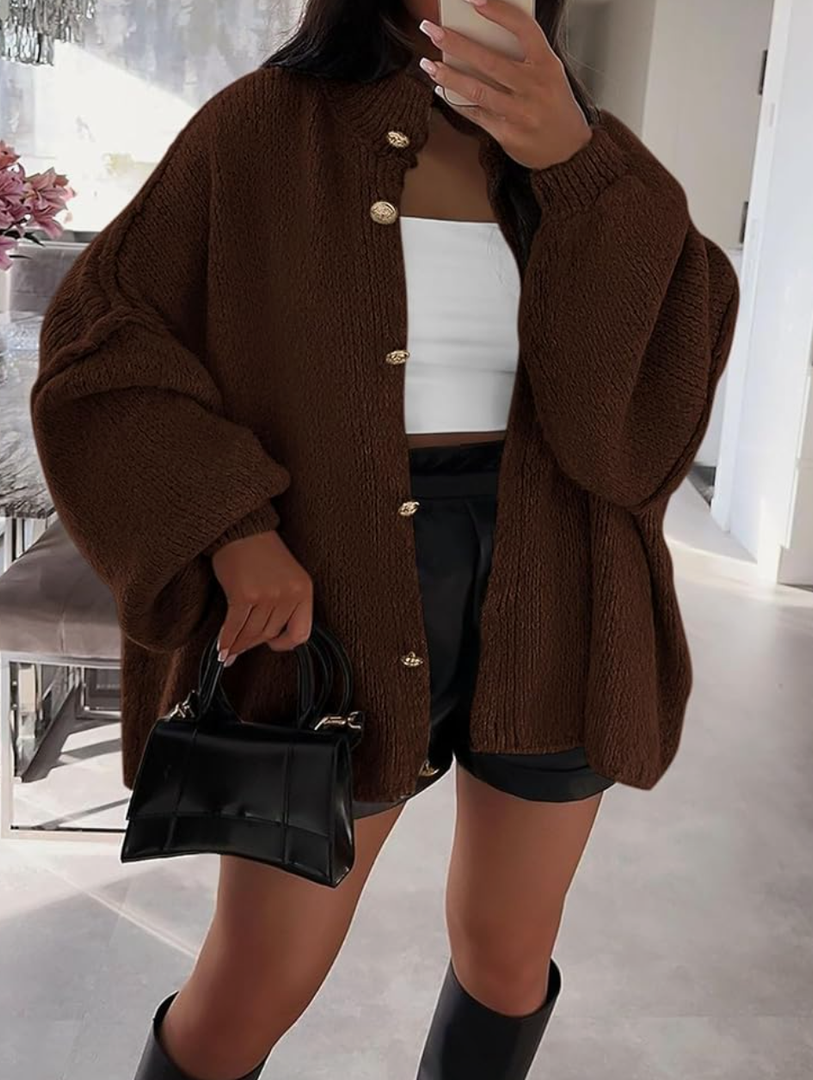 PRETTYGARDEN Women's Winter Button Down Cardigan Sweaters Mock Neck Lantern Long Sleeve Chunky Knit Jacket Trendy Outerwear M
