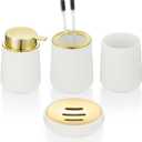 White and Gold Bathroom Accessories 4 Piece Set Luxury Matte Plastic Soap Dispenser Toothbrush Holder Cup Soap Dish for Modern Bathroom Deco