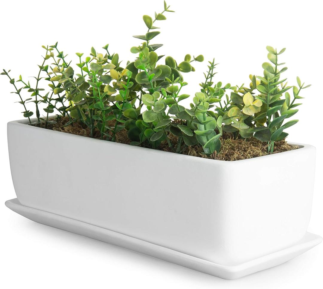 MyGift 14 Inch Ceramic Indoor Plant Pot with Drainage Hole, Rectangular Succulent Planter Window Box with Removable Saucer, Unglazed White