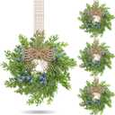 12 Pcs Small Vintage Christmas Cabinet Wreath Artificial Blue Berry Mini Kitchen Wreaths with Retro Burlap Ribbon for Farmhouse Rustic Front Door Window Wedding Chair Wall