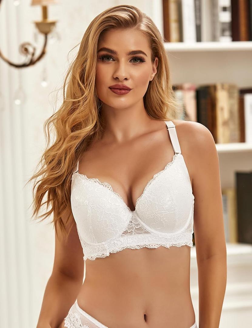 Women's Lace Everyday Bra Comfort Underwire Lingerie Full Cover Cups Bras with Rings Plus Size Underwear (36D, White)