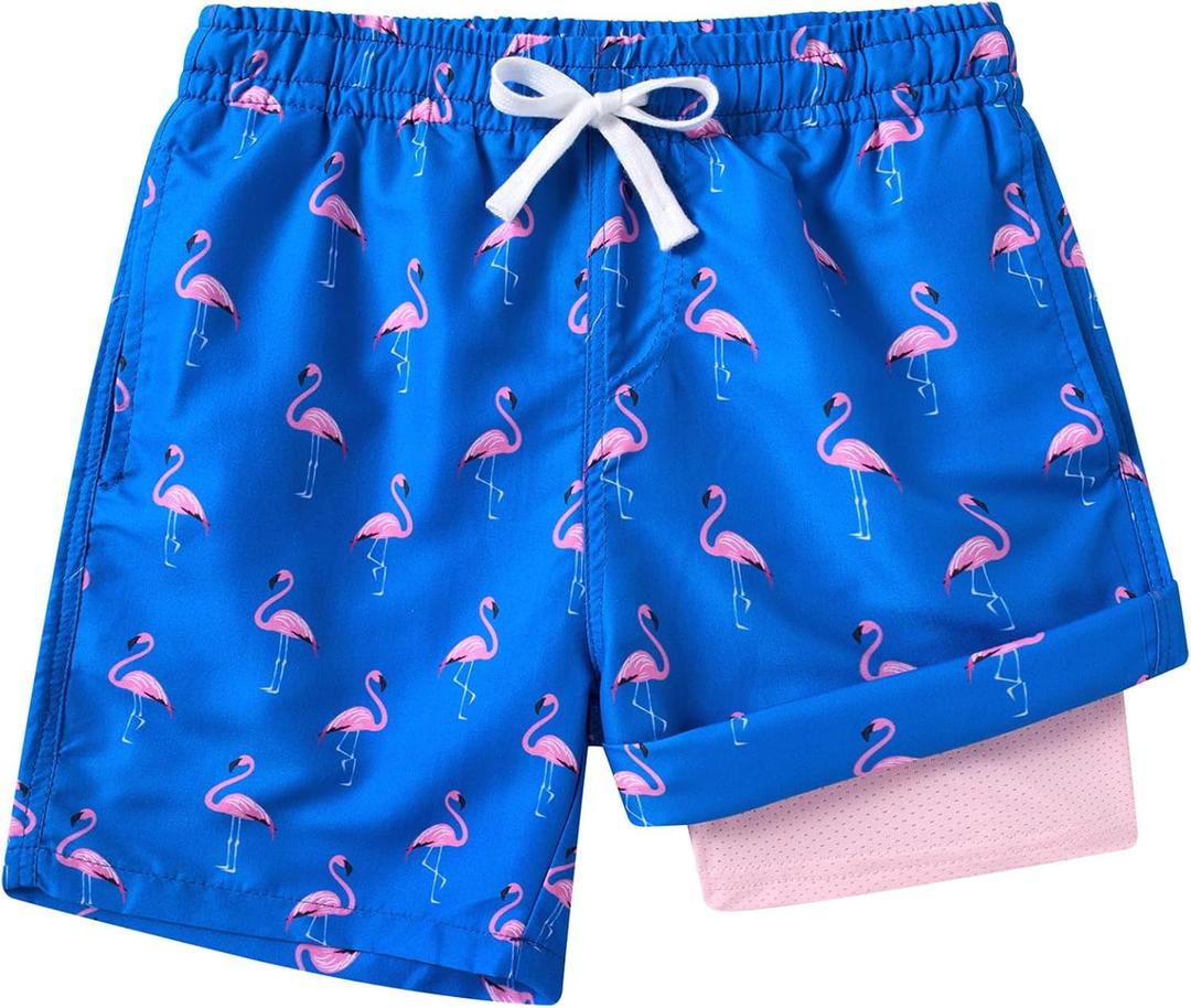 westwolf Boys Swim Trunks with Compression Liner Toddler Boys Swim Shorts Boxer Brief Board Shorts Swimming Set 5-18T (5-6 Years, B1-flamingo)