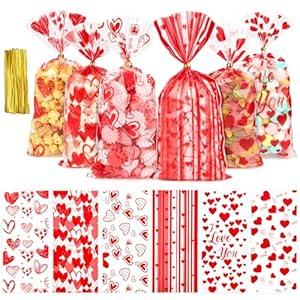 Ohuimrt Valentines Cellophane Treat Bags, 120 PCS Valentines Goodie Bags Valentines Candy Bags Cookie Bags Gift Bags with Ties for Valentines Day Wedding Party Favor Supplies, 6 Styles