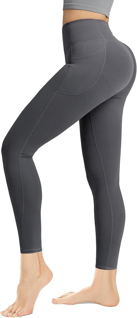 Butt Lifting Leggings with Pocket for Women 25" High Waisted Tummy Control Squat-Proof Compression Womens Leggings (Black, L)