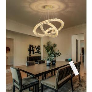 Modern Crystal Chandelier Dimmable LED Ceiling Light Fixture 3 Ring Adjustable Stainless Steel Chandeliers for Dining Room Living Room Bedroom Gold, 3-Ring 24"