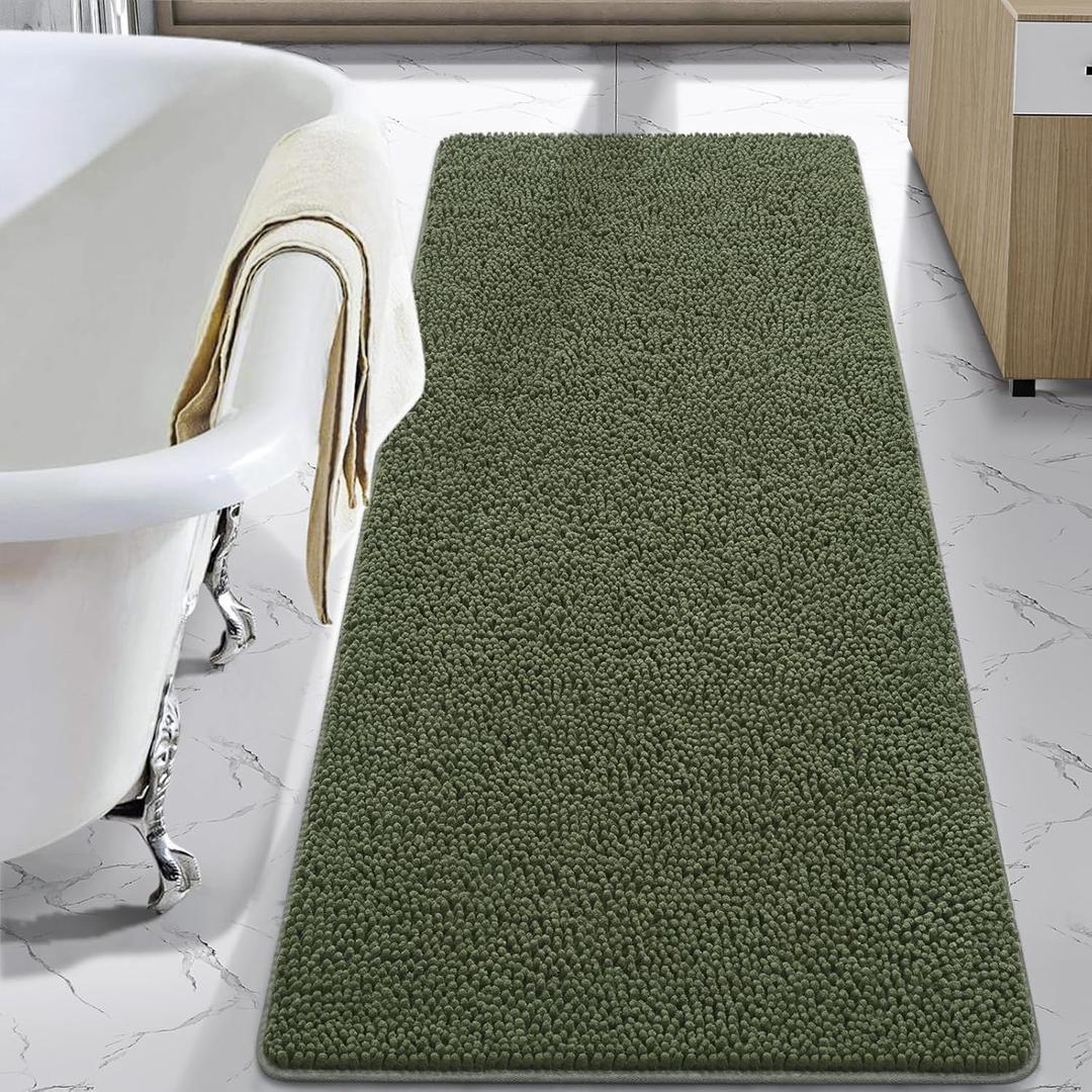 LOCHAS Luxury Bathroom Rug Shaggy Bath Mat 24 x 60 Inch, Washable Non Slip Bath Rugs for Bathroom Shower, Soft Plush Chenille Absorbent Carpets Mats, Olive Green
