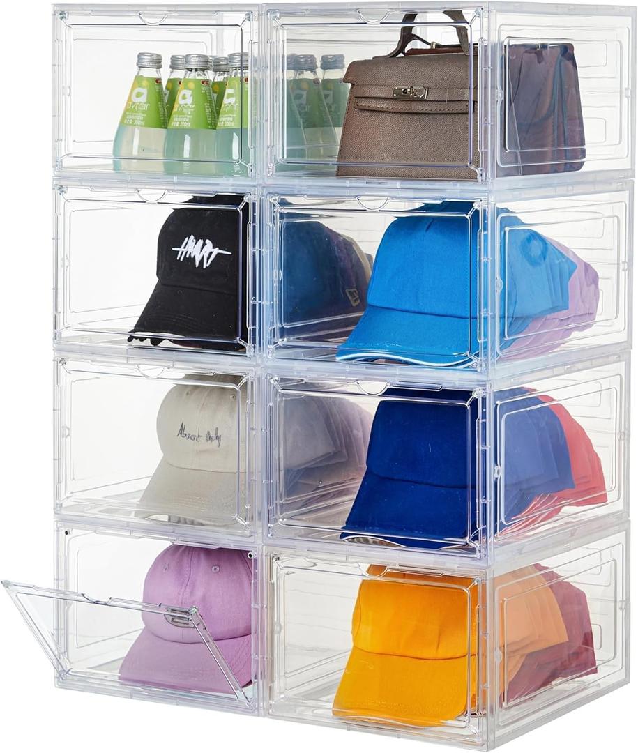 Attelite Upgrade Harder Solid Plastic Hat Organizer for Baseball Caps, 8 Pack Stackable Hat Storage Box with Clear Magnetic Door, Hat Rack(XL-Clear)