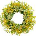 BINFEN 24”-26” Yellow Faux Silk Wild Flower Spring Summer Easter Wreath for Front Door – Artificial Green Eucalyptus Leaves Farmhouse Front Porch Wall Wreath – All Season Outdoor and Indoor Use