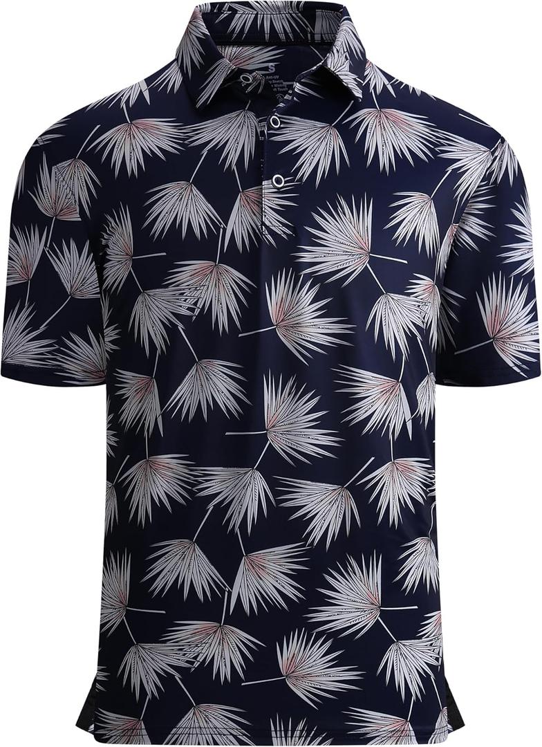 Alex Vando Mens Golf Shirt Moisture Wicking Quick-Dry Print Performance Polo Shirts for Men (Large, White Palm Leaves)