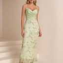 Women's Summer Floral Bodycon Maxi Dress Spaghetti Strap Sleeveless Backless Mesh Long Formal Wedding Guest Dresses M Green (Green, M)