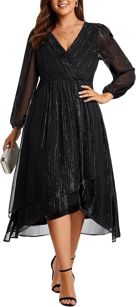 Talisea Plus Size Cocktail Dress - Formal Wedding Guest Fall Long Sleeve A Line Pleated V Neck Midi Dresses for Curvy Women (Black), 14W