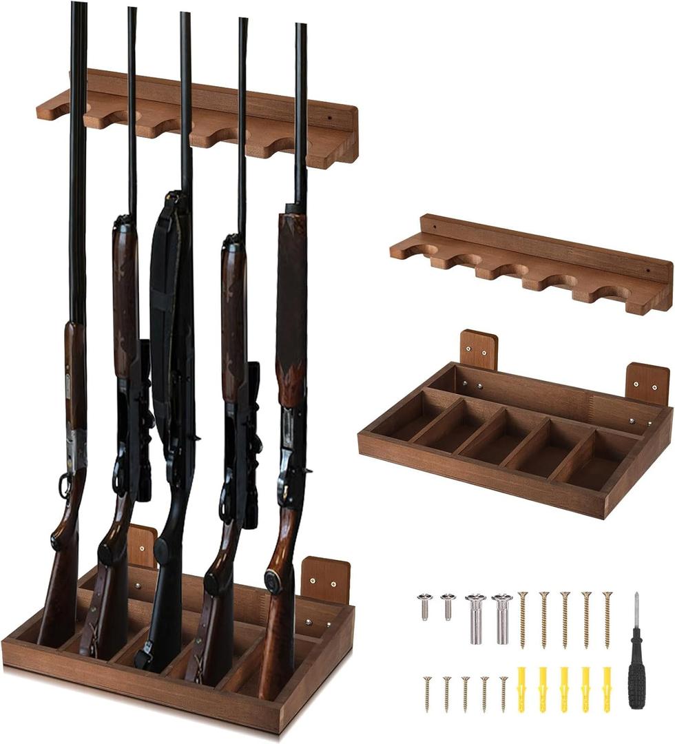 GlikCeil 1 Set Wooden Vertical  Rack Wall Mount Indoor Hold up to 5 Long Guns Shotguns Rifle Racks Display Holder Stand for Display Storage Home Accessories Office (Brown)