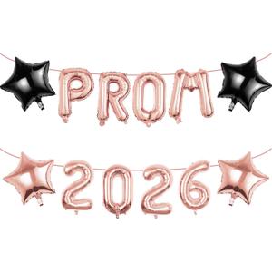 4 x Prom 2026 Balloons Decorations, 16 Inch Foil Letter Number Balloons with 18 Inch Black Rose Gold Star Balloons for High School College Graduation Gift Retirement Ins Photo Party Supplies
