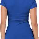 Albe Rita Women Short Sleeve T-Shirt Cap V Neck Shirts for Women Ribbed Casual Top Knit Slim Fit for Summer (Blue)