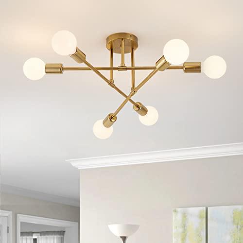 YXTH Semi Flush Mount Ceiling Light Fixture, 6 Lights Modern Sputnik Chandelier Ceiling Lamp with E26 Bulb Base, Light Fixtures Ceiling Mount for Bedroom Kitchen Living Room Hallway (Gold)