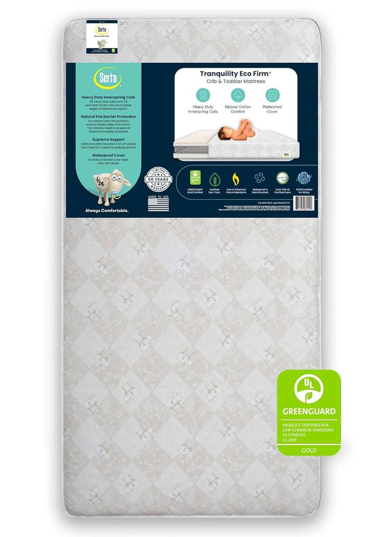 Serta Tranquility Eco Firm 2-Stage Baby Crib and Toddler Mattress - Waterproof Standard Baby Crib & Toddler Mattress - GREENGUARD Gold Certified- 52" L X 27.5" W 