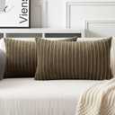 UGASA Velvet 12x20 Inch Lumbar Soft Throw Pillow Covers Decorative Corduroy Striped Both Sides Solid Rectangular Cushion Cases Boho Farmhouse for Couch Bedroom Sofa Home, Pack of 2, Olive Green