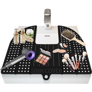 Bathroom Sink Cover for Counter Space, Silicone Foldable Sink Cover Convenient for Bathroom Makeup and Wash Up, Extra Bathroom Counter Space Mat for Organizer Hot Tools and Makeup Tools (Black)