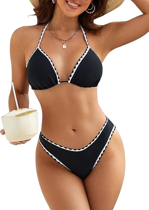 Blooming Jelly Womens String Bikini Sets Sexy Two Piece Swimsuits Cheeky Color Block Bathing Suits Triangle Swimwear ,Size -XL, Black
