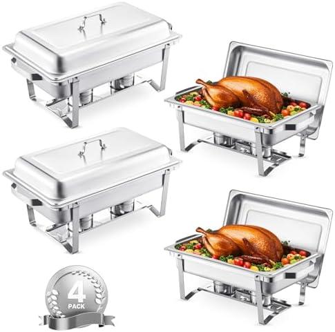 VEVOR Chafing Dish Buffet Set, 8 Qt 4 Pack, Stainless Chafer with 4 Full Size Pans, Rectangle Catering Warmer Server with Lid Water Pan Folding Stand Fuel Tray Holder Spoon Clip