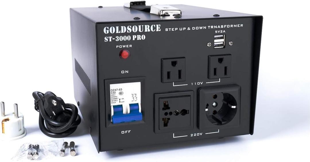 3000W ST-Pro Auto Step Up & Step Down Voltage Transformer Converter, Heavy-Duty AC 110/220V Converter with US Standard, Universal, Schuko AC Outlets & DC 5V USB Port by Goldsource