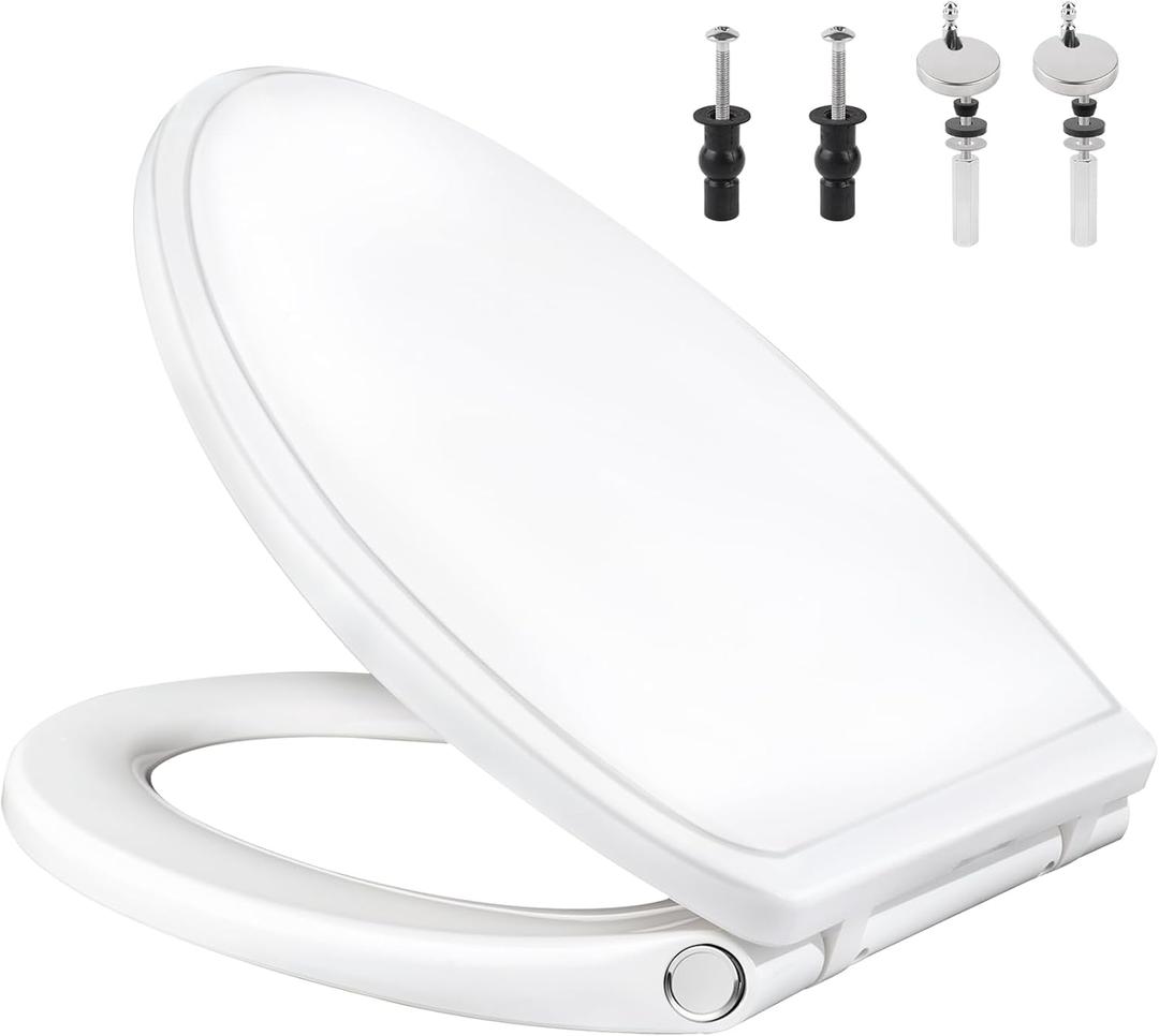 Elongated Toilet Seat Soft Close with Cover, Oval Toilet Seat Replacement with Non-Slip Toilet Bolts and Bumpers, Compatible with Kohler, American Standard, TOTO, One-Click Release, White