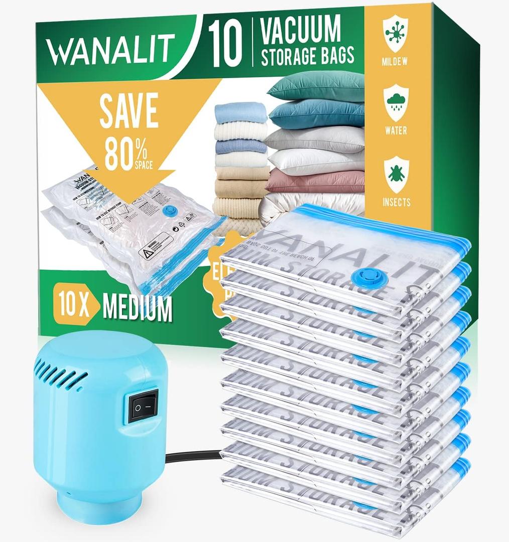 Vacuum Storage Bags with Electric Pump, 10 Pack Medium Size28"x 18" Reusable Compression Space Saving Bag for Clothes, Bedding, Mattress, Blankets, Pillows, Comforters, Travel