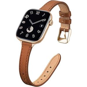 STIROLL Slim Leather Bands Compatible with Apple Watch Band 38mm 40mm 41mm 42mm(Series 10), Top Grain Leather Watch Thin Wristband for iWatch Ultra SE Series 10(Brown with Gold)