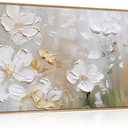 HPNIUB Large Hand-Painted White Flower Framed Wall Art Modern White and Gold Floral Canvas Oil Painting Nature Botanical Wall Decor Abstract Aesthetic Artwork for Living Room Bedroom Decor -20"x40"