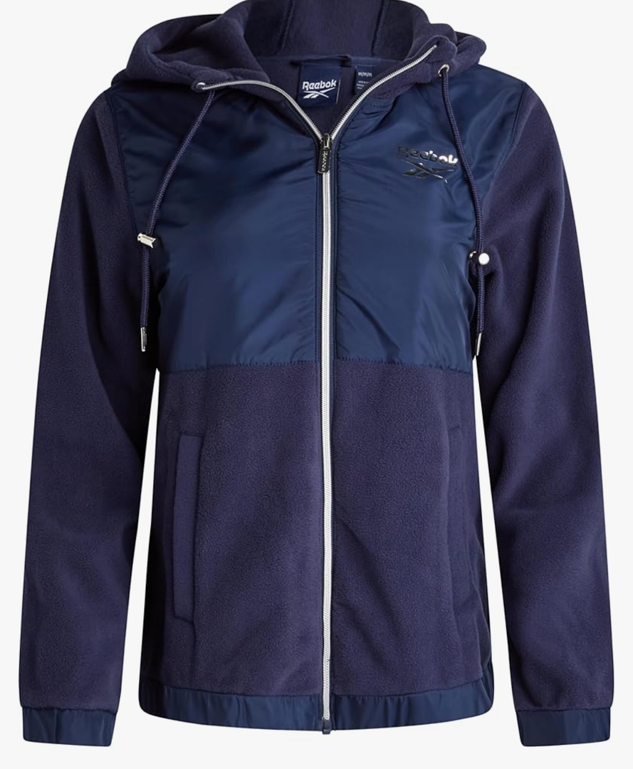 Reebok Womens Fleece Jacket - Lightweight Super Soft Polar Fleece Lined Outerwear - Zip Up Hooded Winter Jackets for Women (L, Navy)