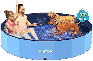 VISTOP Jumbo Foldable Dog Pool, Hard Plastic Shell Portable Swimming Pool for Dogs Cats and Kids Pet Puppy Bathing Tub Collapsible Kiddie Pool (77inch.D x 15.7inch.H, Blue)