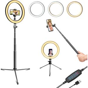 10" Selfie Ring Light with 10" Stand and 60" Selfie Stick, 3 Color Light Adjustment Suitable for Phones and Cameras, Makeup/Live Streaming/Taking Photos