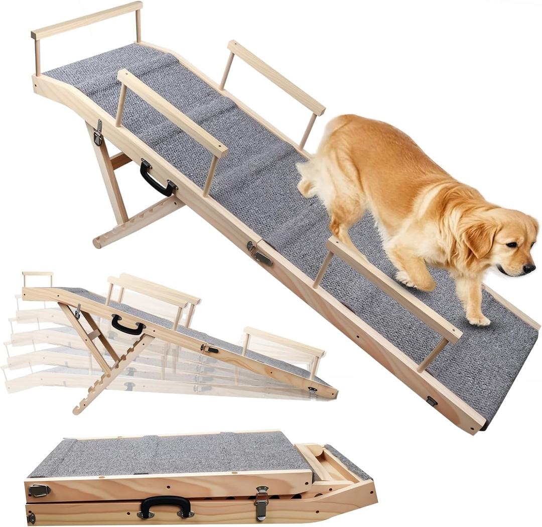 Dog Ramp for Bed, Couch & Car  Adjustable Foldable Pet Ramp, 64.17" Long, 17.72" Wide, Non-Slip Surface with Safety Rails, 8 Heights 20.08"-28.35", Supports 220 lbs, Solid Wood (Gray, 17.72)