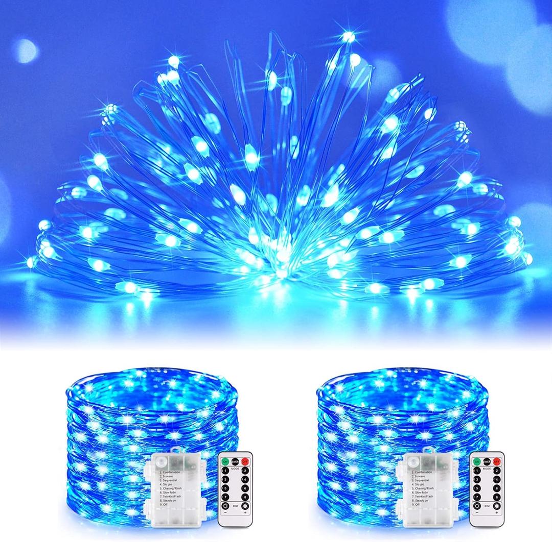 JMEXSUSS 2 Pack Fairy Lights Battery Operated, Total 200 LED 66ft Blue String Lights Waterproof with Remote Timer, Blue Christmas Lights for Bedroom Indoor Outdoor Wedding Party Xmas Tree Decor