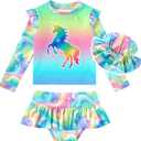 Cutemile Little Girls Rash Guard Set 3 Piece Swimsuit with Hat UPF 50+ Long Sleeve Swimwear 1-6 Years (Unicorn, 2-3T)