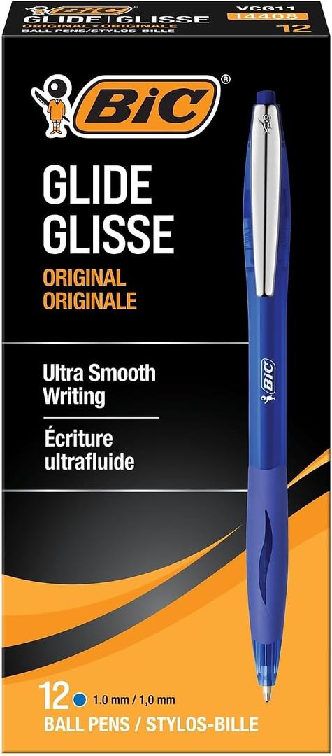 BIC Glide Retractable Ballpoint Pen, Medium Point, Blue Ink, Dozen (14408/VCG11BE)