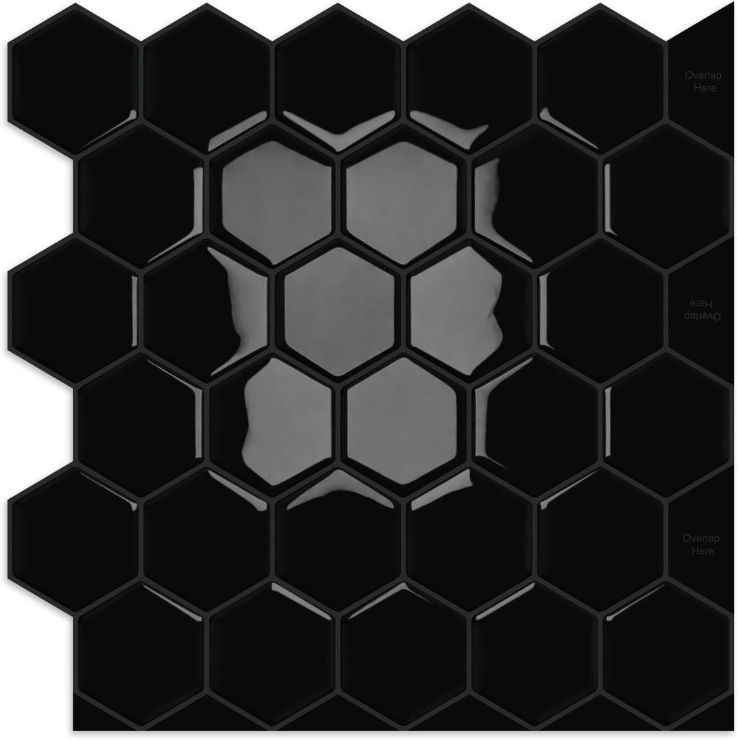 10-Sheet Hexagon Peel and Stick Kitchen Backsplash Tiles,Honeycomb Waterproof Self-Adhesive Wall Tile Stick on Backsplash for Kitchen,RV and Bathroom(Black,12"12")