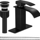 sagetta Waterfall Bathroom Sink Faucet Single Hole Black with Three Hole Cover Deck Plate, Pop up Drain and Water Hoses Stainless Steel Vanity