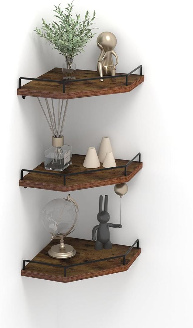 Trwcrt Corner Shelf Wall Mounted Set of 3, Floating Wall Shelves Rustic Wooden Storage Shelves for Bedroom, Bathroom, Living Room, Brown (Diamond Style)