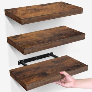 LaVie Home Floating Shelves, 15.6 Inch Wall Shelf Set of 3, Hanging Shelf with Invisible Brackets, Wall Decor for Bathroom, Bedroom, Living Room, Kitchen Storage, Rustic Brown