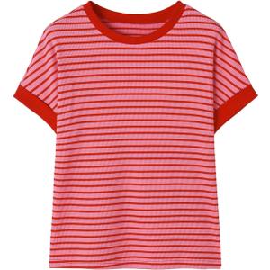 SweatyRocks Women's Going Out Tops Striped Print Short Sleeve Knit Casual Round Neck T-Shirt (Medium, Pink)