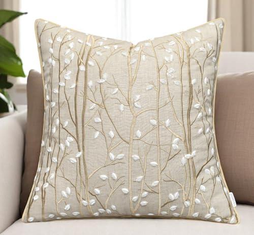 VAGMINE Embroidered Botanical Accent Pillow Cover 20x20 – Natural Linen Square Cushion Cover for Farmhouse Chair & Couch Styling – Forest