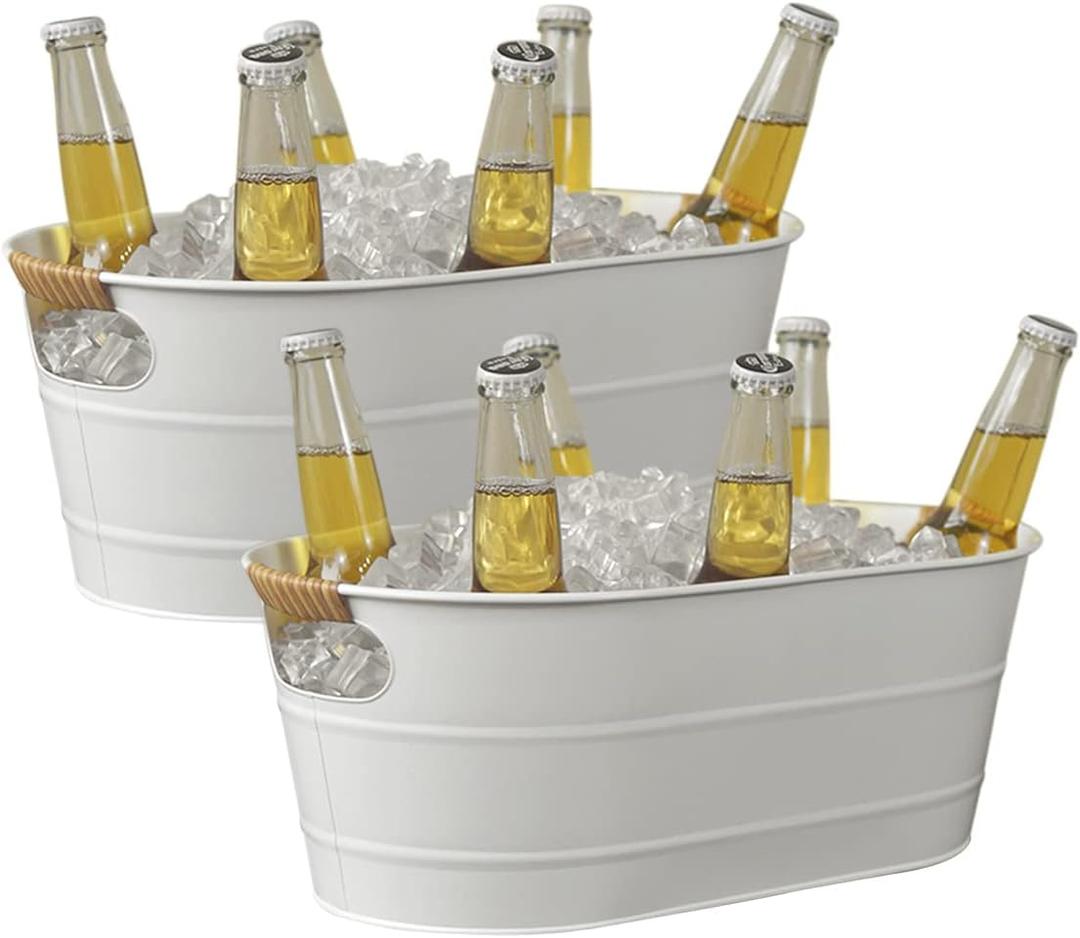Ice Bucket Galvanized Tub, 2 Pcs 3 Gallon Oval Beverage Tub, Drink Cooler Ice Buckets for Parties, Metal Bucket with Rattan Handle for Beer Whiskey Wine and Cocktails (White) (S: 15.86 x 9.2 x 6 inch)