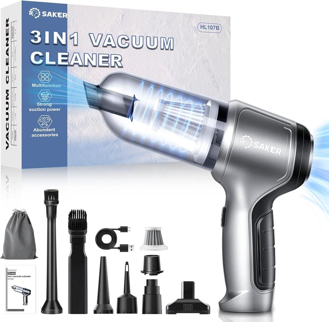 Saker Car Vacuum Portable Cordless 3 in 1 Handheld Car Vacuum 15000PA High Power with Brushless Motor and TypeC for Cars,Office,Home Cleaning HL107B (Silver)
