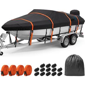 Kohree Boat Cover 16-18.5ft, Heavy Duty 1200D Marine-Grade Waterproof, Extra 4 Extended Straps, Trailerable & Wind-Resistant, Fits V-Hull, Fish & Ski, Pro-Style, Runabout, Bass Boats, up to 94" Wide