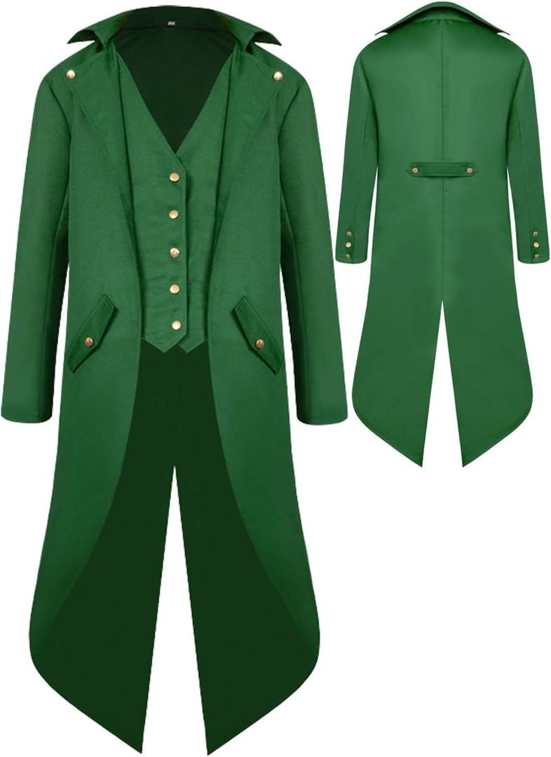 Renaissance Steampunk Tailcoat Halloween Costumes for Boys, Medieval Pirate Vampire Victorian Jacket Frock Coat Kids (Green, L)