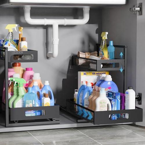 TISTAYA 2-Tier Under Sink Organizer, Silk-Smooth Metal Sliding Drawer Organizers and Storage Rack, Pull Out Cabinet Shelf for Kitchen, Bathroom, Pantry, Cabinet, Closet