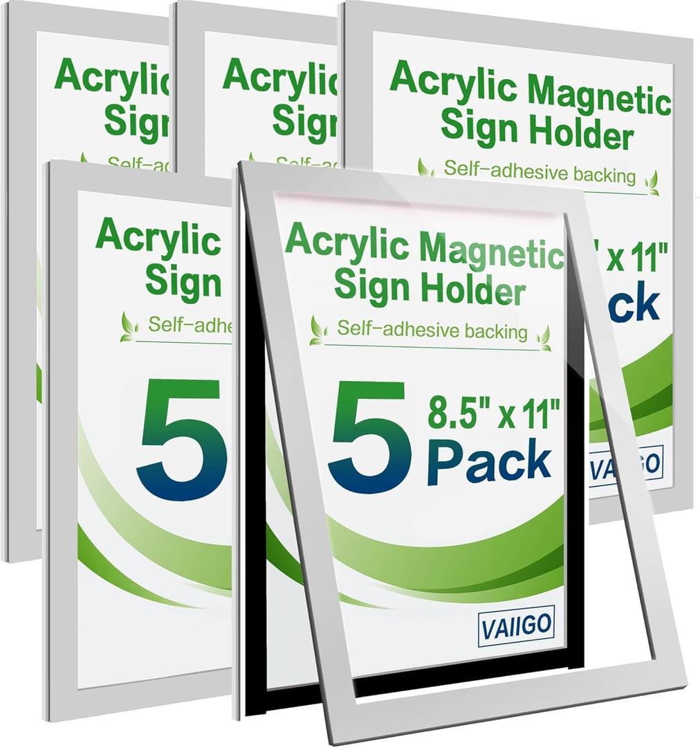 Acrylic Sign Holder 8.5" x 11" Wall Mount, Self Adhesive Magnetic Display Frame with Nano Tape, Plastic Clear Document Frame for Office, Store, School, Home, Wall Picture Frame (Silver, 5 Pack)